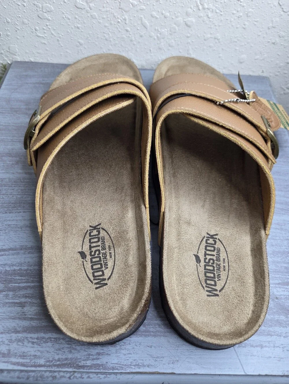 Woodstock Brown Leather Slide Sandals - Adjustable Comfort Mens Size 12 NWT